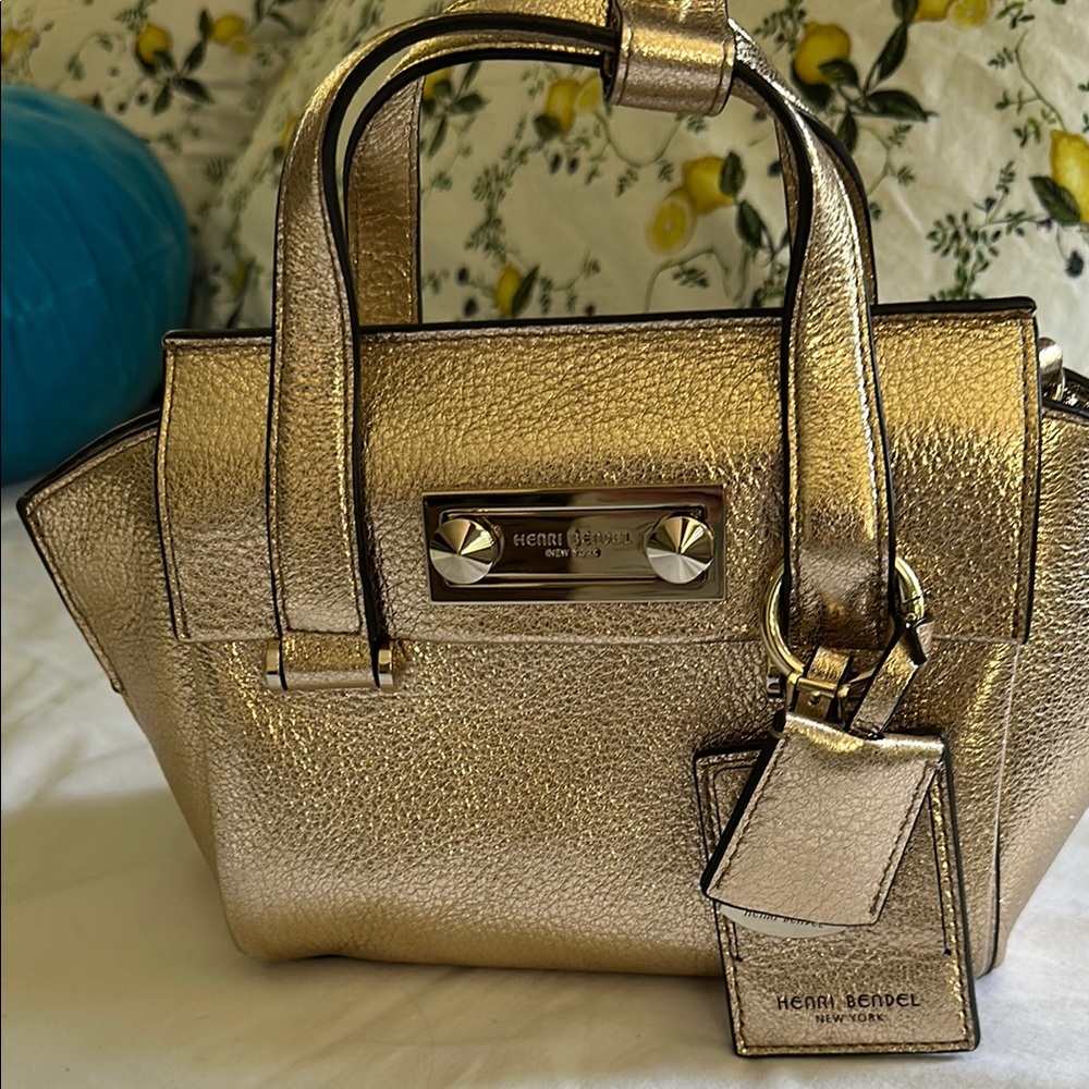 Henri Bendel Gold Satchel with Structured Design and Double Handles